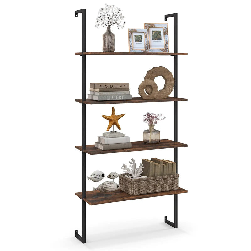 4-Tier Industrial Ladder Bookshelf with Metal Frame-Coffee by DirectDeals
