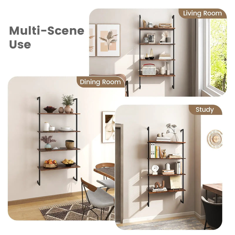 4-Tier Industrial Ladder Bookshelf with Metal Frame-Coffee by DirectDeals