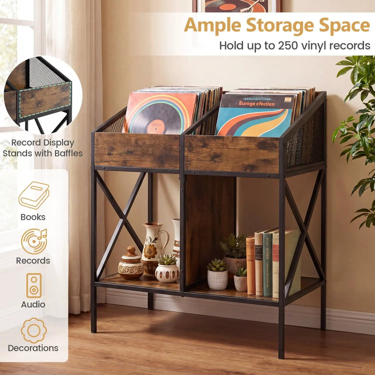 Industrial Vinyl Record Storage Rack with Metal Frame by DirectDeals