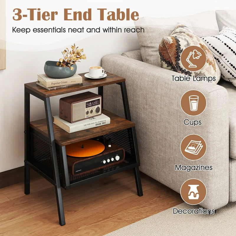 Industrial Nightstand 3-Tier End Table with 2 Open Shelves and Metal Mesh Compartment-Rustic Brown by DirectDeals