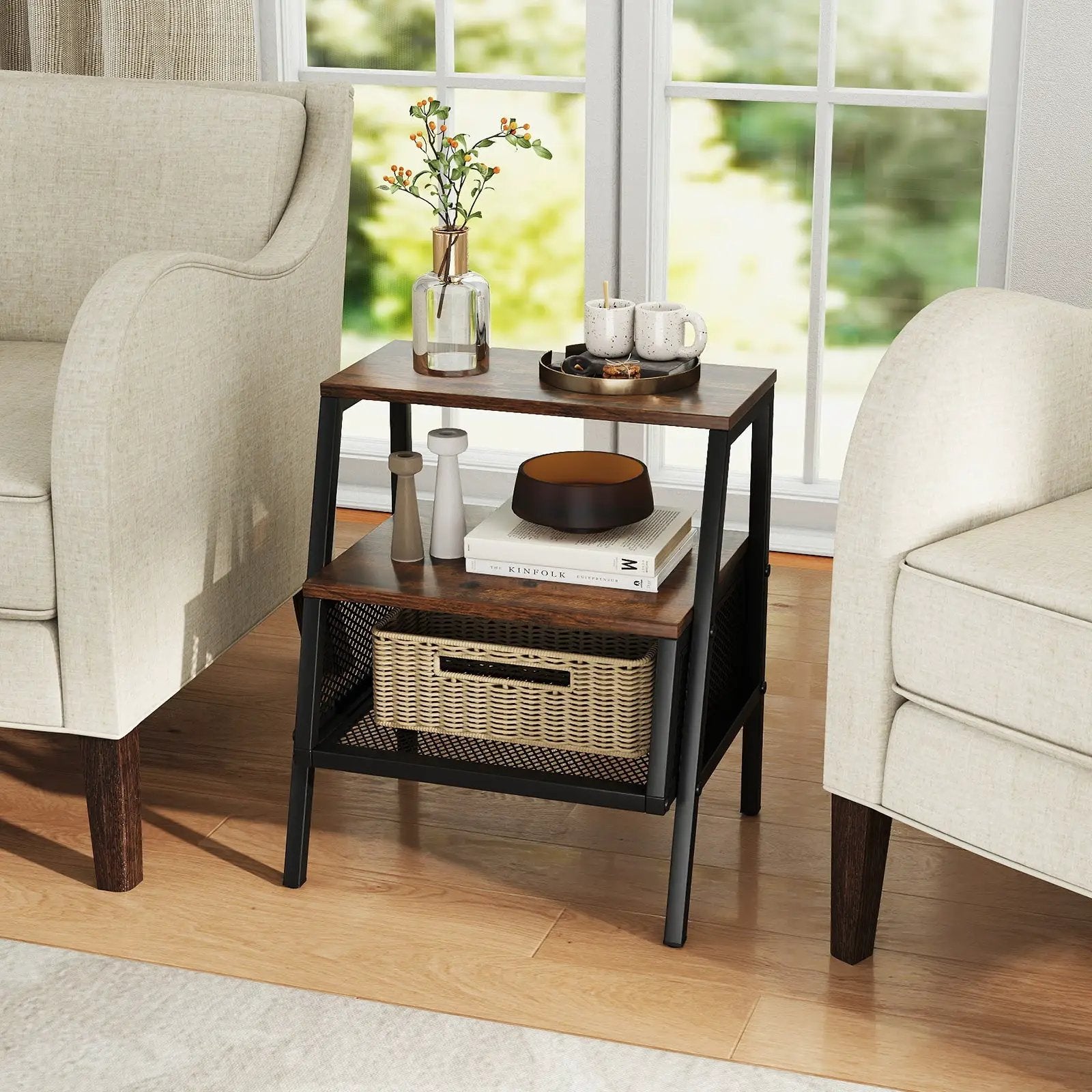 Industrial Nightstand 3-Tier End Table with 2 Open Shelves and Metal Mesh Compartment-Rustic Brown by DirectDeals