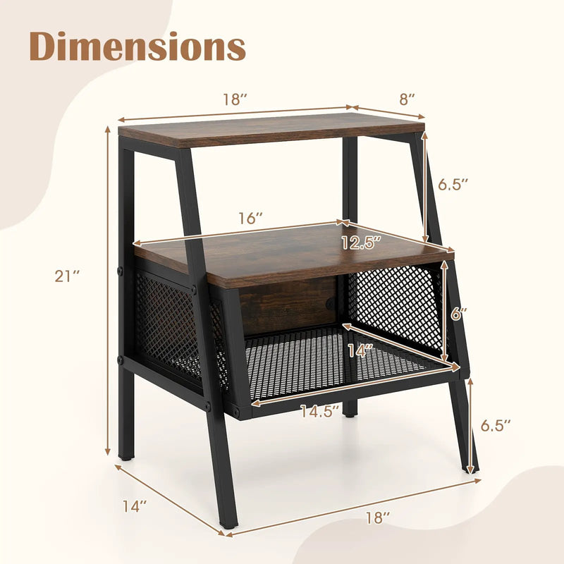 Industrial Nightstand 3-Tier End Table with 2 Open Shelves and Metal Mesh Compartment-Rustic Brown by DirectDeals
