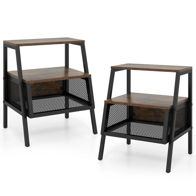 Industrial Nightstand 3-Tier End Table Set of 2 with 2 Open Shelves and Metal Mesh Compartment-Rustic Brown by DirectDeals