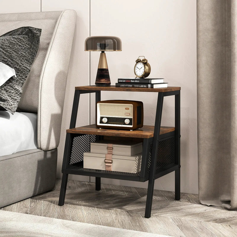 Industrial Nightstand 3-Tier End Table Set of 2 with 2 Open Shelves and Metal Mesh Compartment-Rustic Brown by DirectDeals