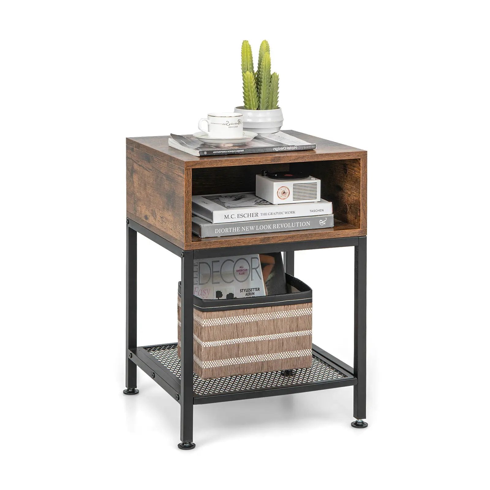 Industrial Nightstand End Side Table with Mesh Shelf by DirectDeals