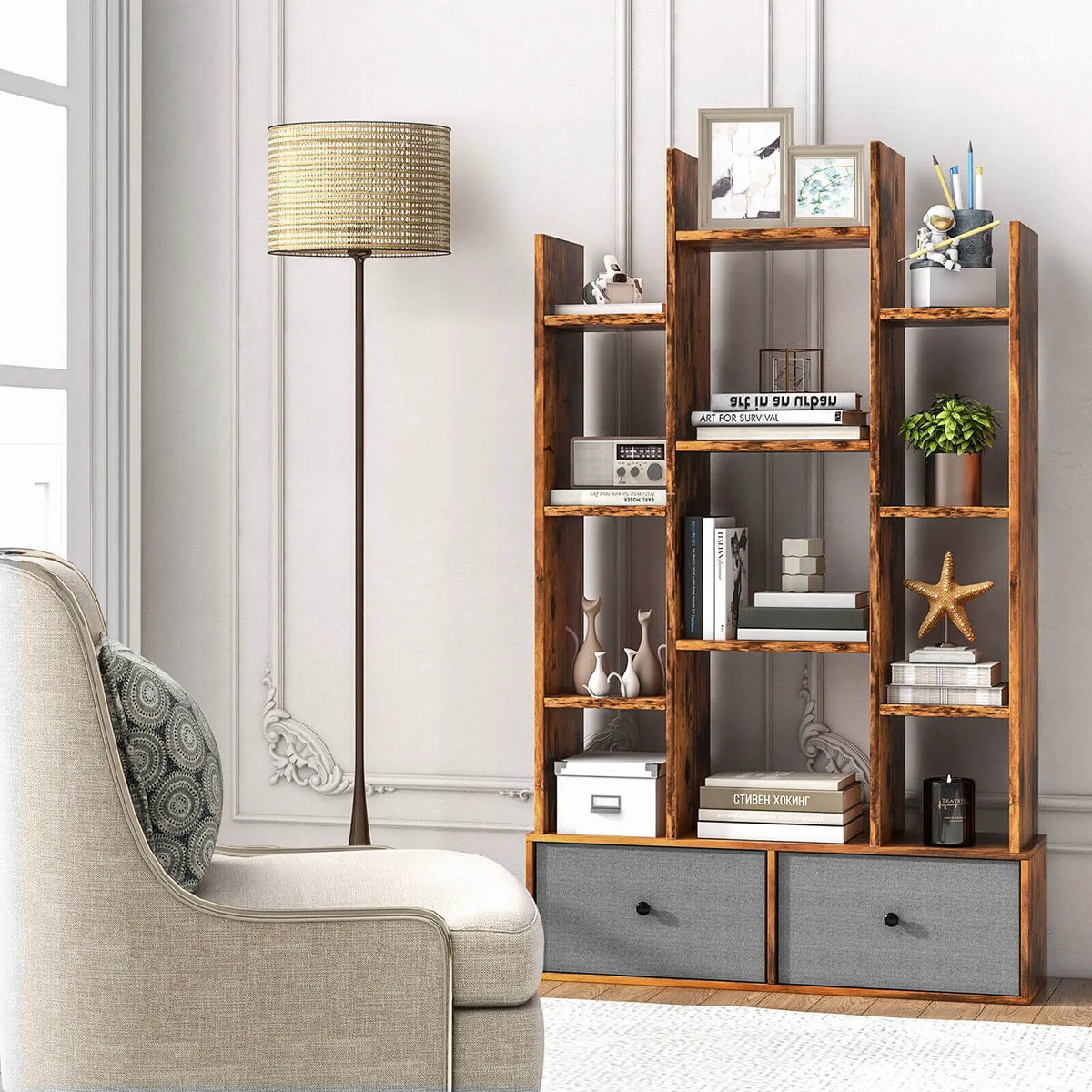 12-Tier Open-Back Freestanding Bookshelf with Drawer, photo 14 of 16