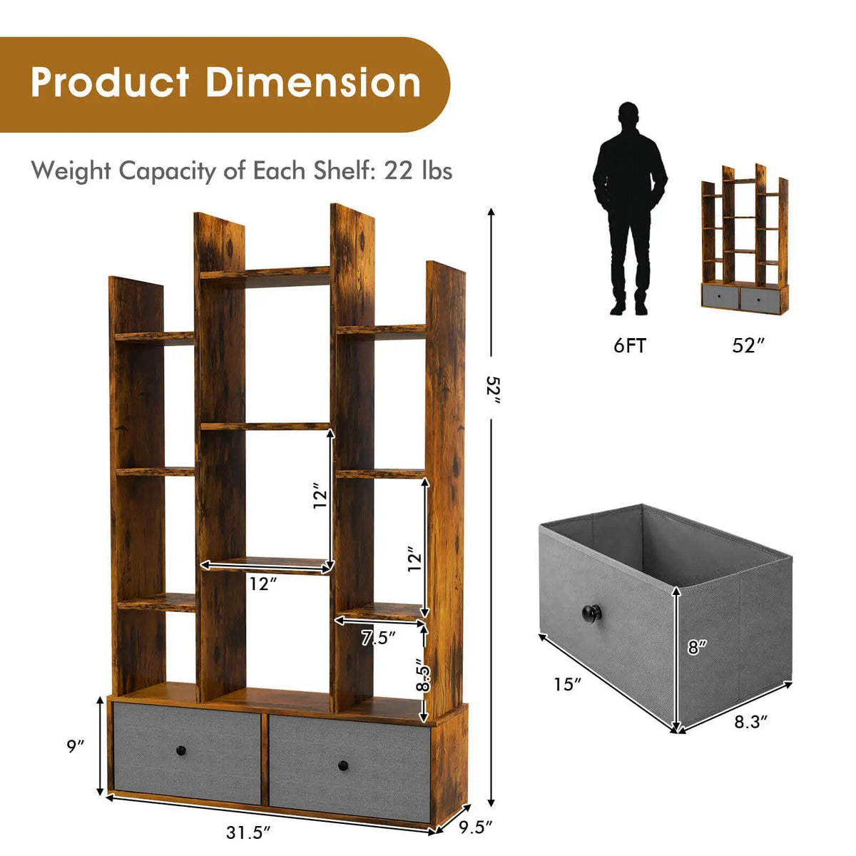12-Tier Open-Back Freestanding Bookshelf with Drawer, photo 10 of 16
