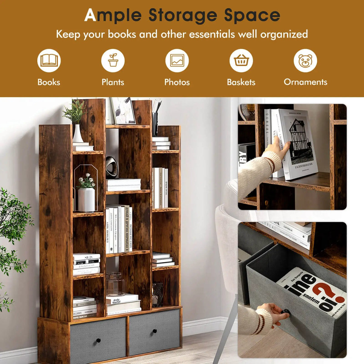 12-Tier Open-Back Freestanding Bookshelf with Drawer, photo 8 of 16