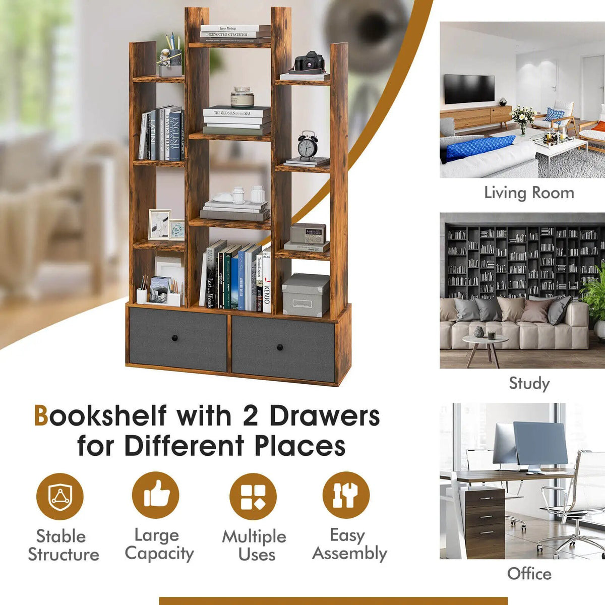 12-Tier Open-Back Freestanding Bookshelf with Drawer, photo 4 of 16