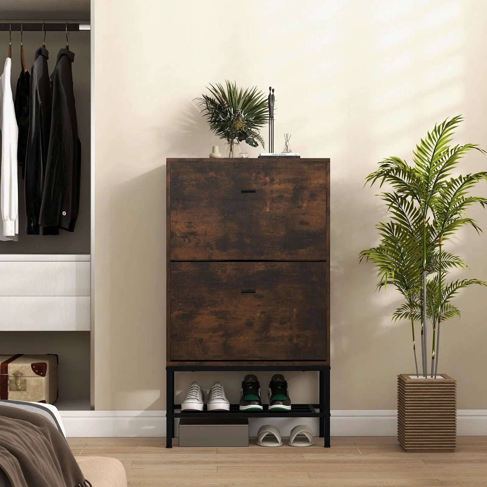 Industrial Shoe Storage Cabinet with 2 Flip Drawers and 1 Bottom Metal Shelf-Brown by DirectDeals