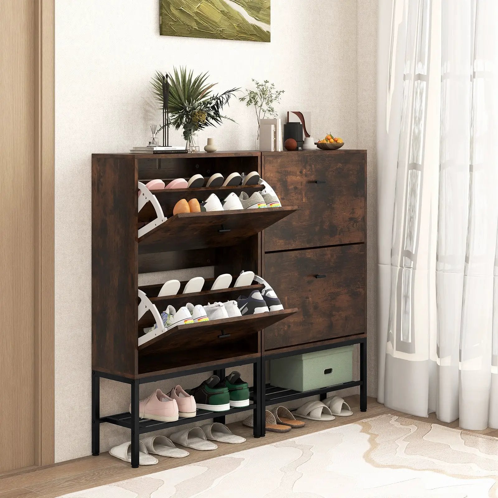 Industrial Shoe Storage Cabinet with 2 Flip Drawers and 1 Bottom Metal Shelf-Brown by DirectDeals