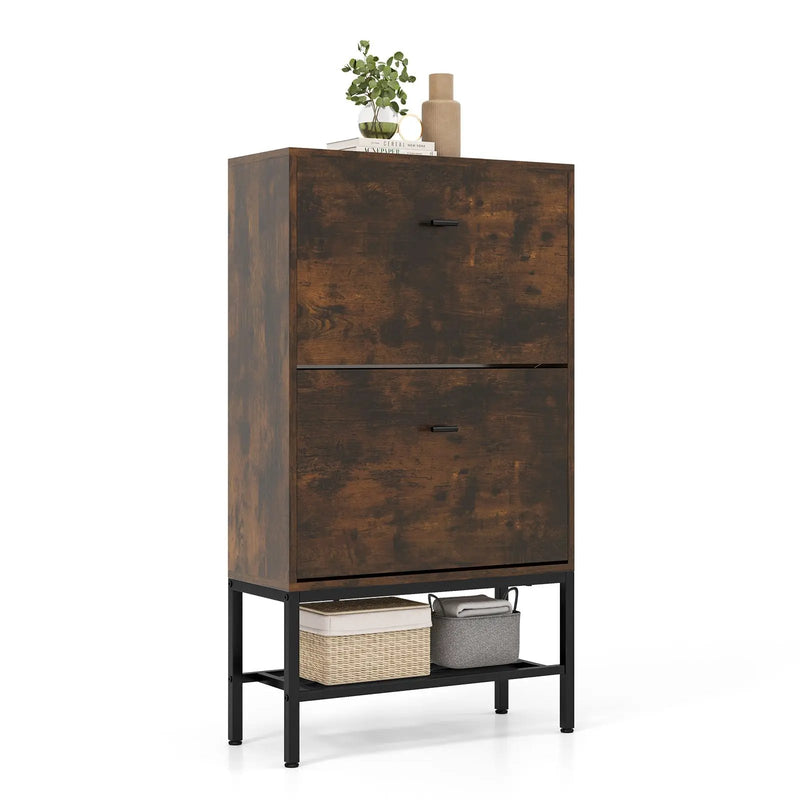 Industrial Shoe Storage Cabinet with 2 Flip Drawers and 1 Bottom Metal Shelf-Brown by DirectDeals