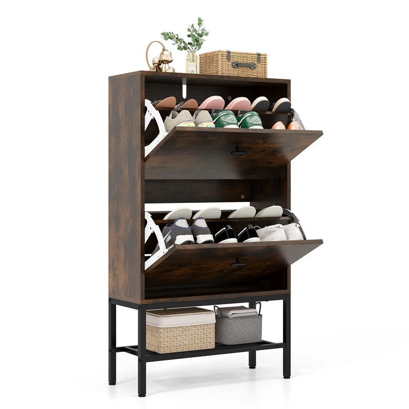 Industrial Shoe Storage Cabinet with 2 Flip Drawers and 1 Bottom Metal Shelf-Brown by DirectDeals