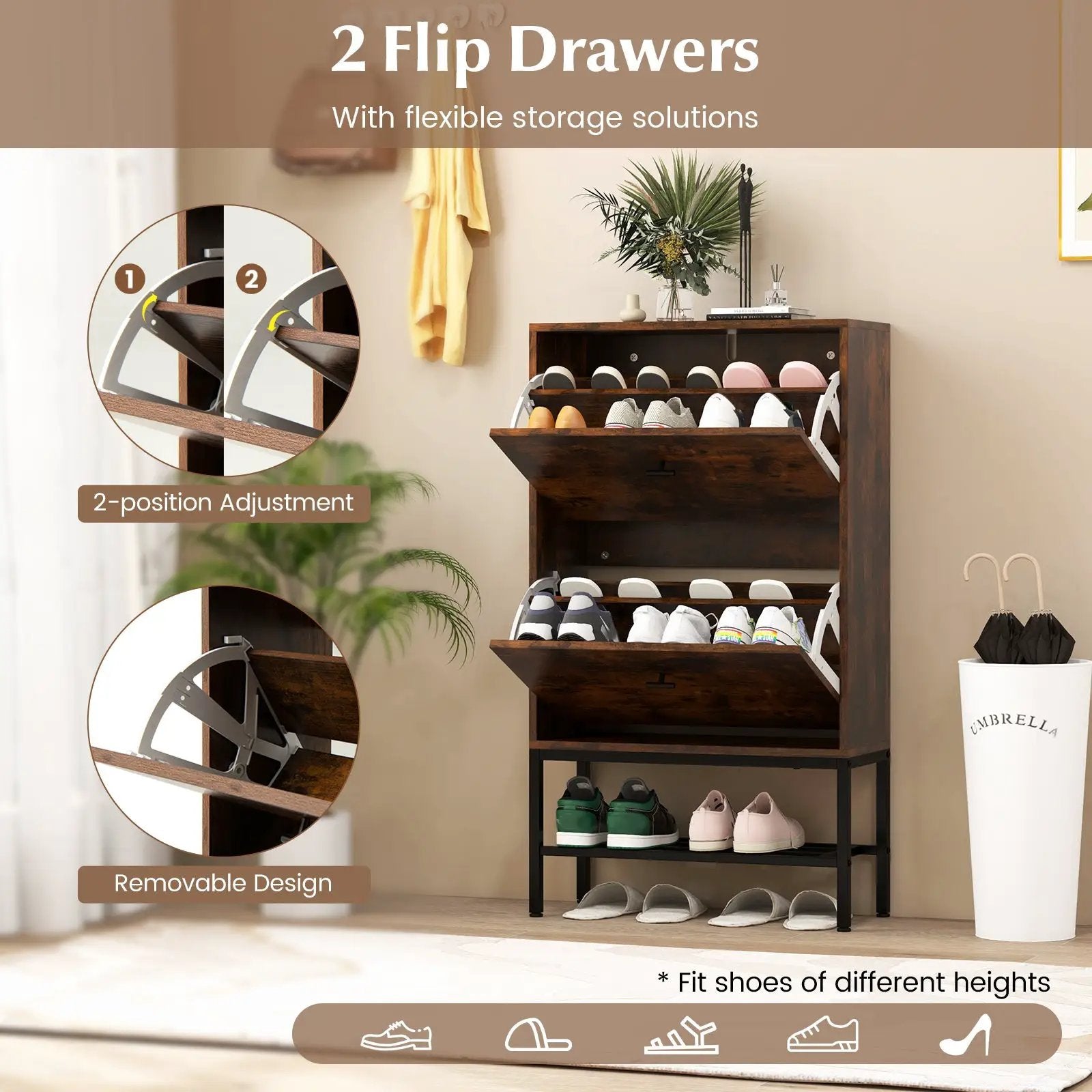 Industrial Shoe Storage Cabinet with 2 Flip Drawers and 1 Bottom Metal Shelf-Brown by DirectDeals