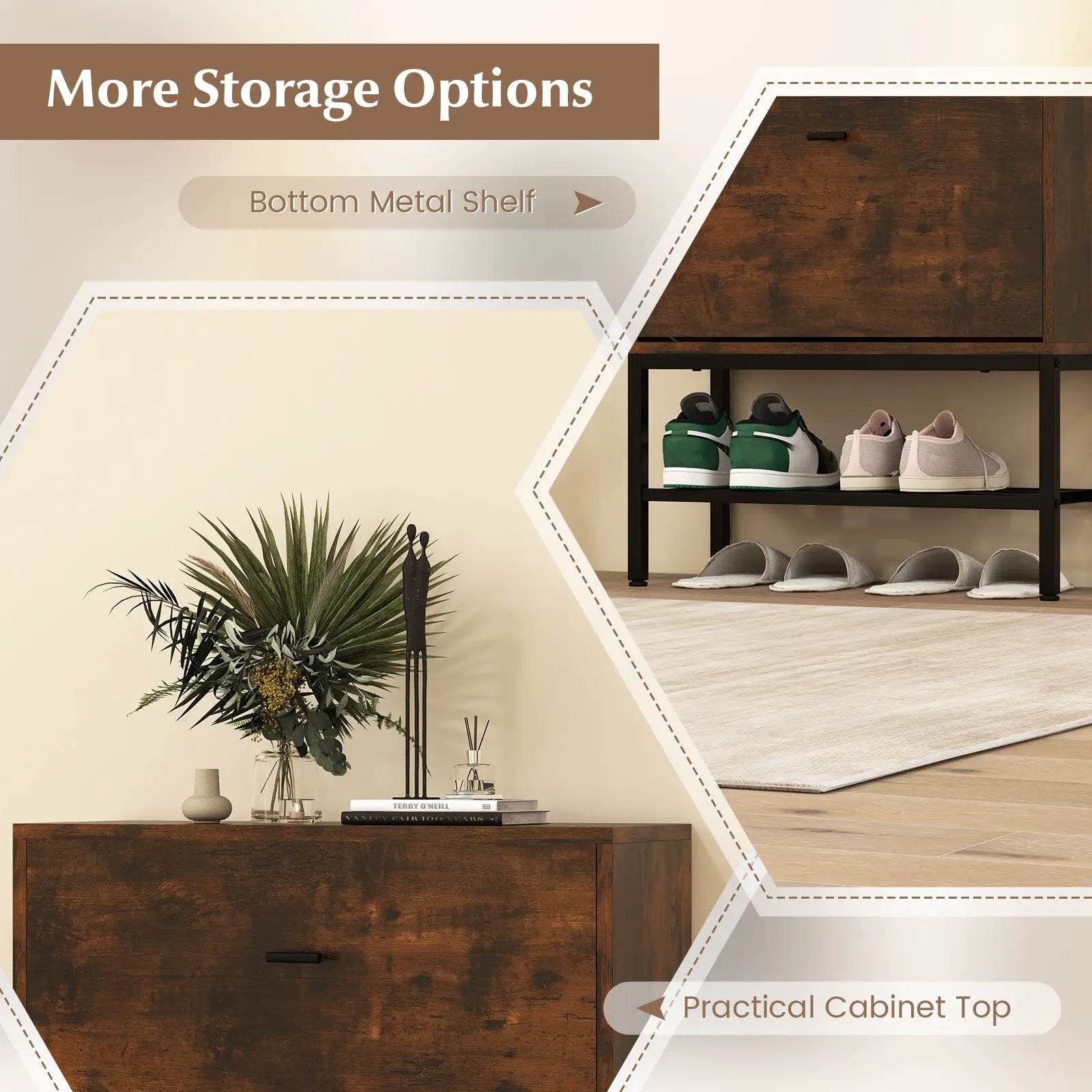 Industrial Shoe Storage Cabinet with 2 Flip Drawers and 1 Bottom Metal Shelf-Brown by DirectDeals