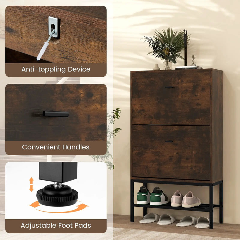 Industrial Shoe Storage Cabinet with 2 Flip Drawers and 1 Bottom Metal Shelf-Brown by DirectDeals