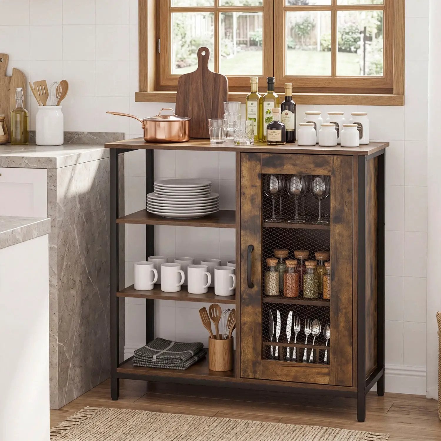 Industrial Side Cabinet with Metal Mesh Door & 3 Shelves by DirectDeals