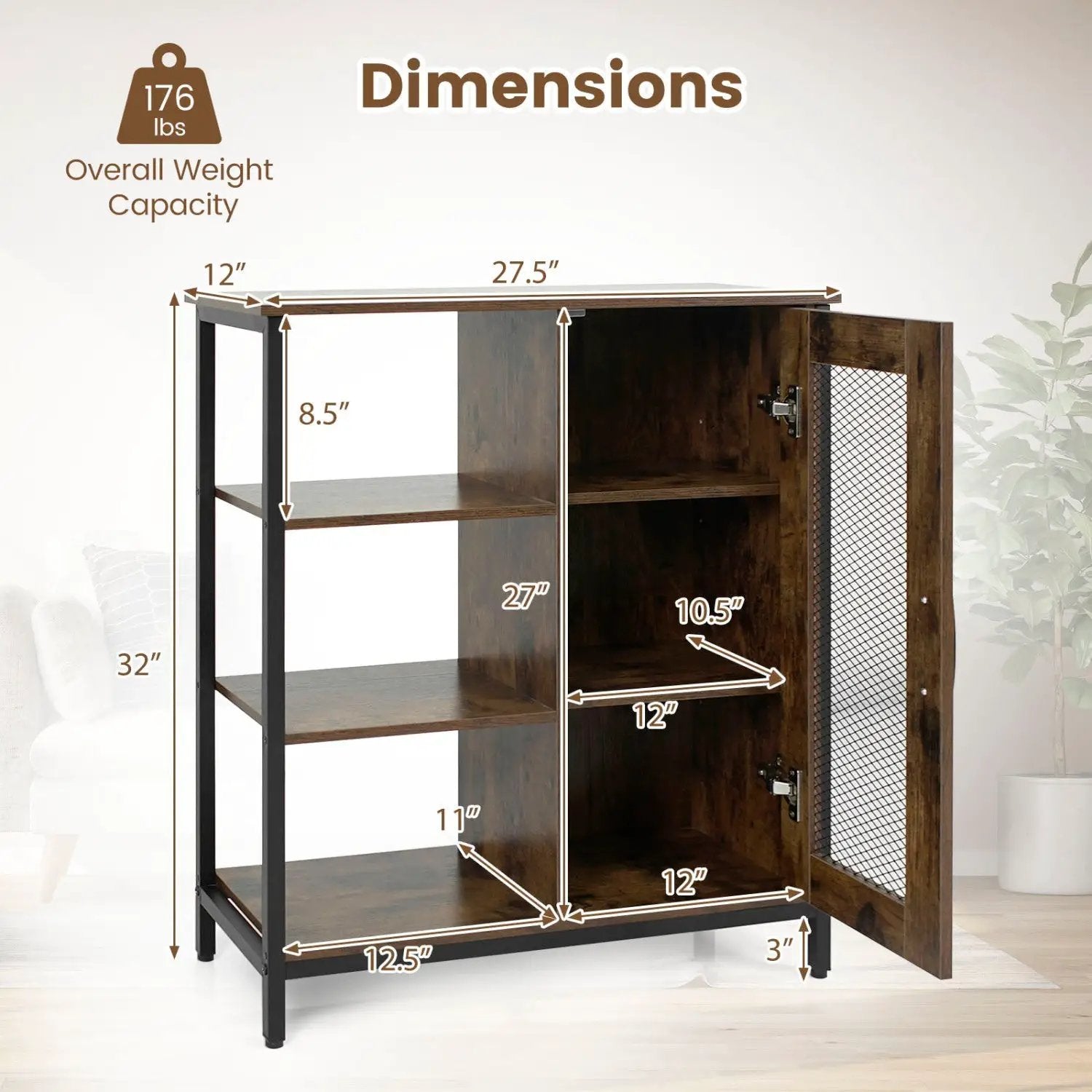 Industrial Side Cabinet with Metal Mesh Door & 3 Shelves by DirectDeals