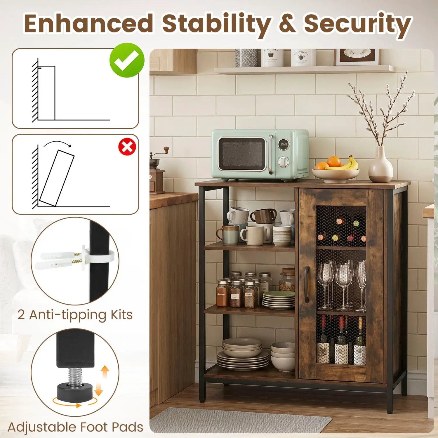 Industrial Side Cabinet with Metal Mesh Door & 3 Shelves by DirectDeals