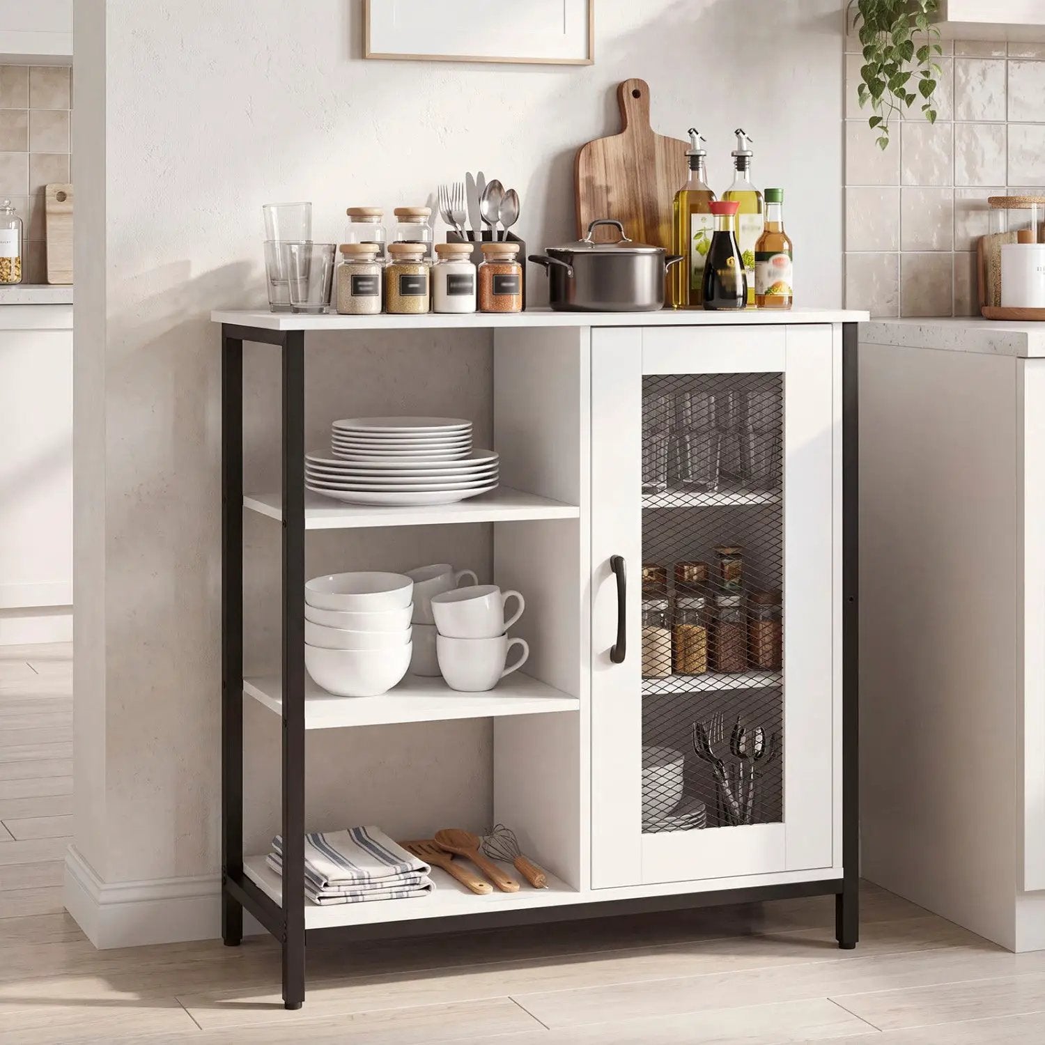 Industrial Side Cabinet with Metal Mesh Door & 3 Shelves by DirectDeals