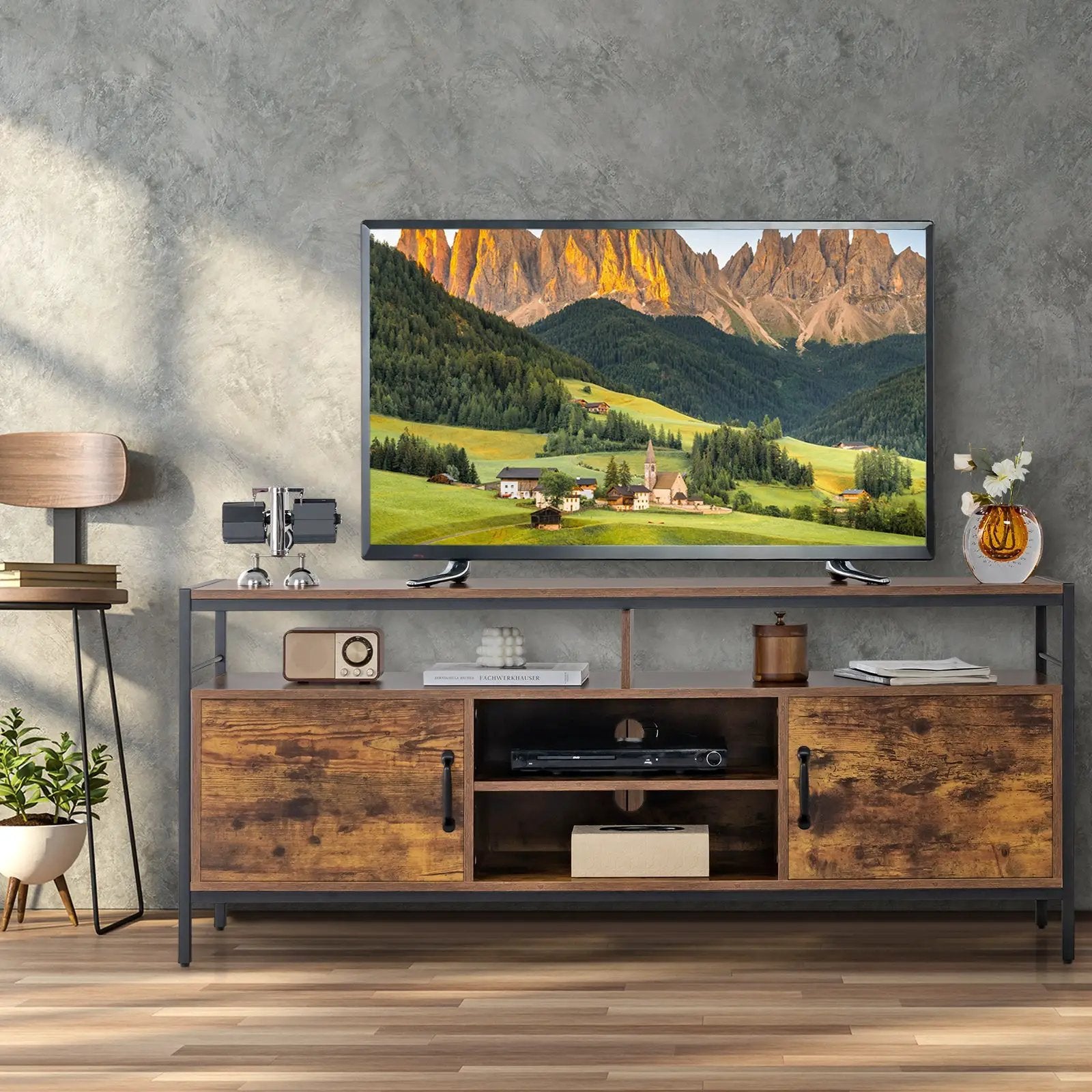 58 Inch Industrial TV Stand with Cabinets and Adjustable Shelf for TVs up to 65 Inch-Rustic Brwon by DirectDeals