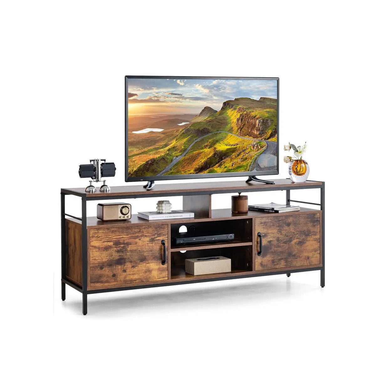 58 Inch Industrial TV Stand with Cabinets and Adjustable Shelf for TVs up to 65 Inch-Rustic Brwon, photo 3 of 9