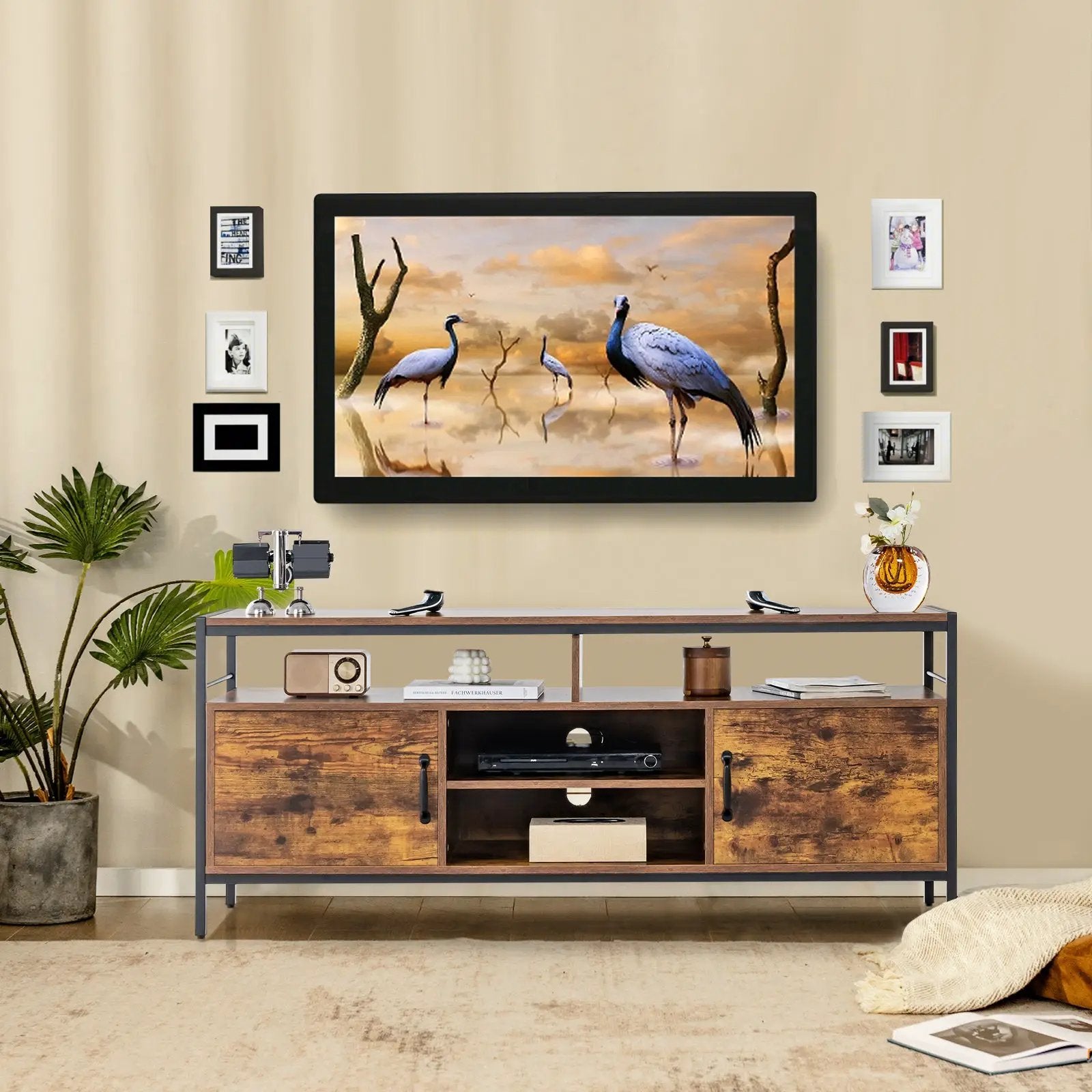 58 Inch Industrial TV Stand with Cabinets and Adjustable Shelf for TVs up to 65 Inch-Rustic Brwon by DirectDeals