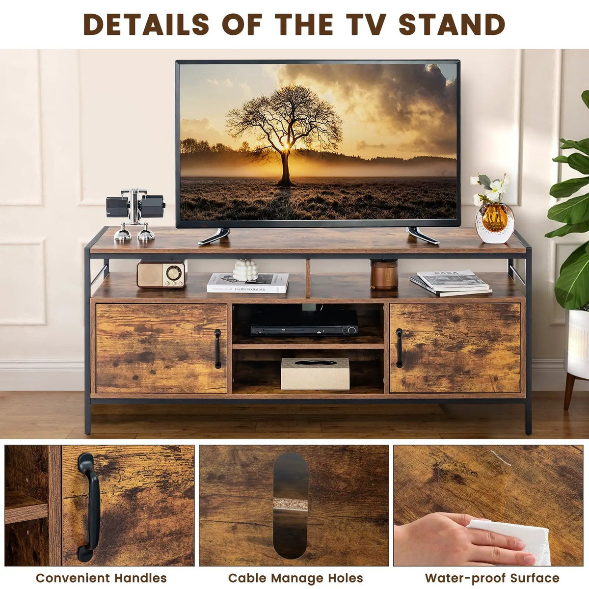 58 Inch Industrial TV Stand with Cabinets and Adjustable Shelf for TVs up to 65 Inch-Rustic Brwon, photo 7 of 9