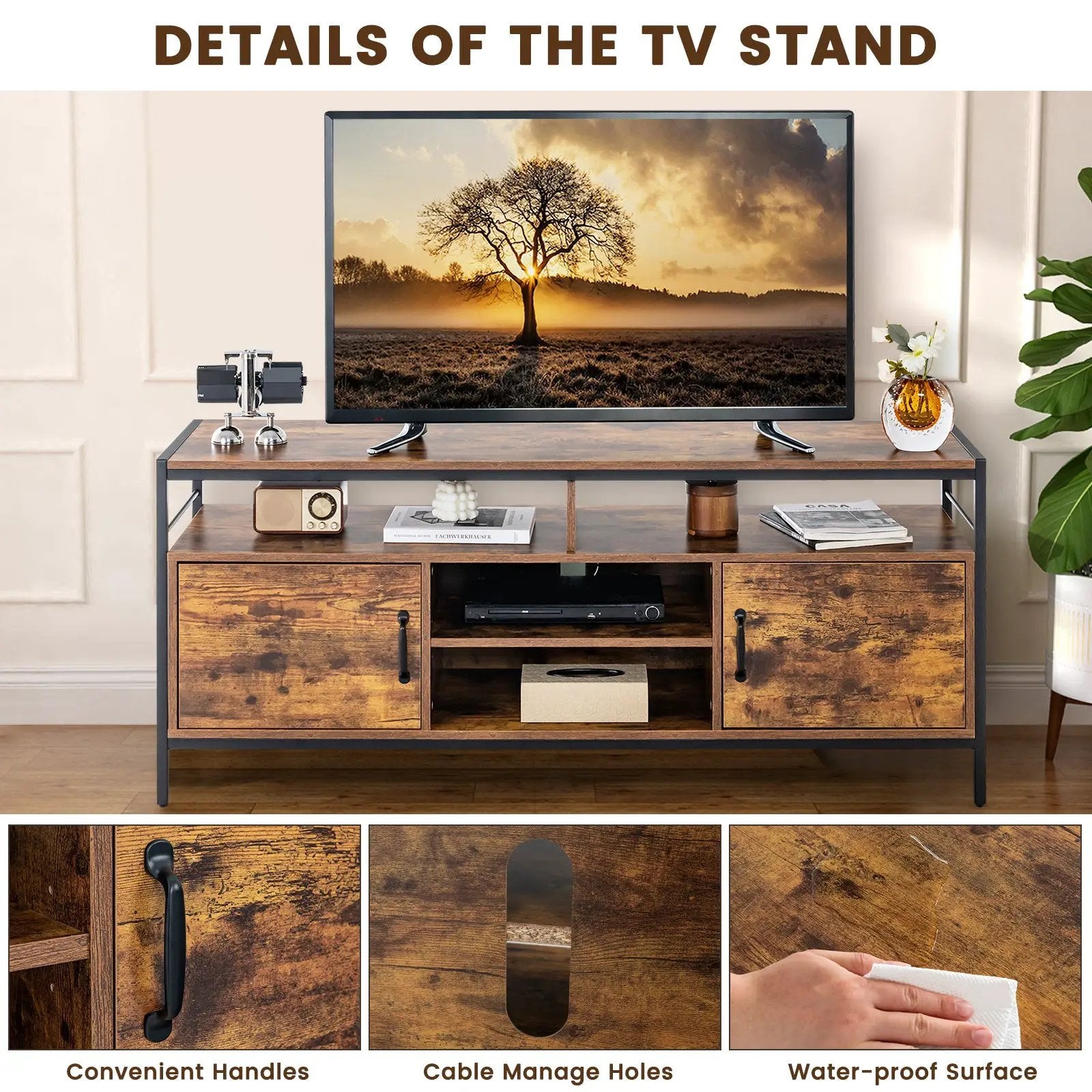 58 Inch Industrial TV Stand with Cabinets and Adjustable Shelf for TVs up to 65 Inch-Rustic Brwon by DirectDeals