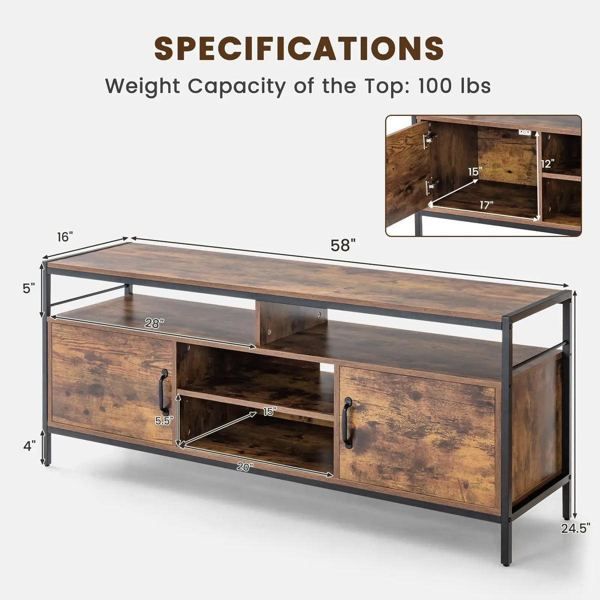 58 Inch Industrial TV Stand with Cabinets and Adjustable Shelf for TVs up to 65 Inch-Rustic Brwon, photo 5 of 9