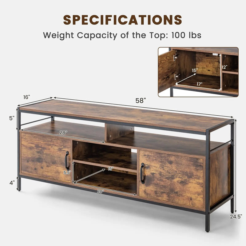 58 Inch Industrial TV Stand with Cabinets and Adjustable Shelf for TVs up to 65 Inch-Rustic Brwon by DirectDeals