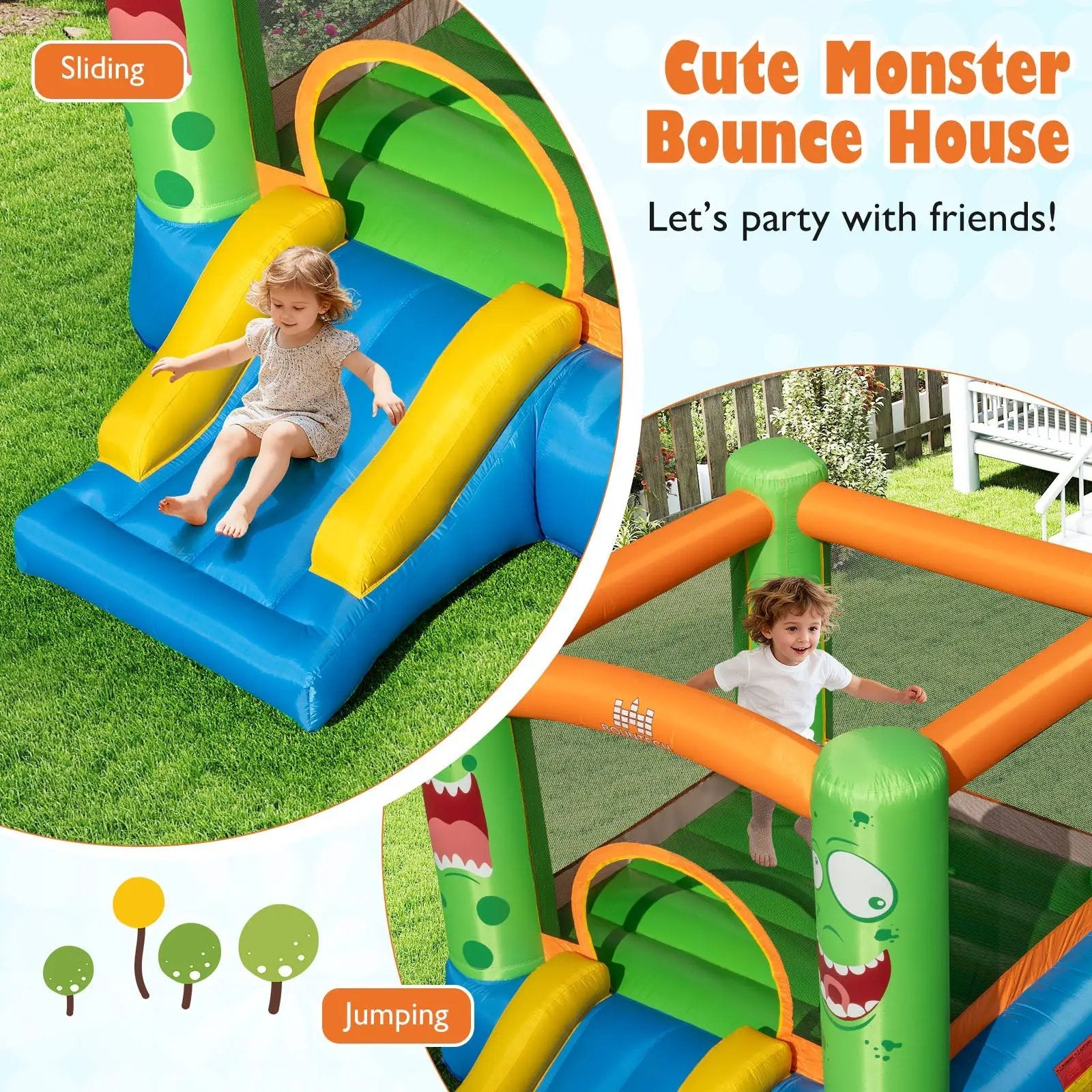 Inflatable Bounce House Monster Themed Bouncy Castle with Large Jumping Area and Slide 550W Blower Included by DirectDeals
