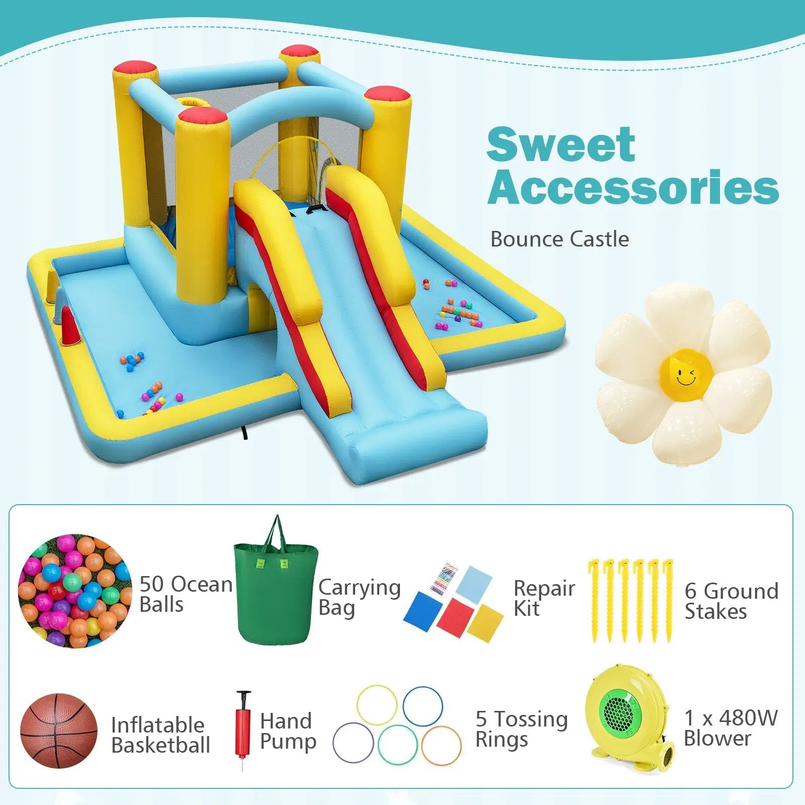Inflatable Bounce House 7-in-1 Bouncy Castle with Slide and Tunnel with 480W Blower by DirectDeals
