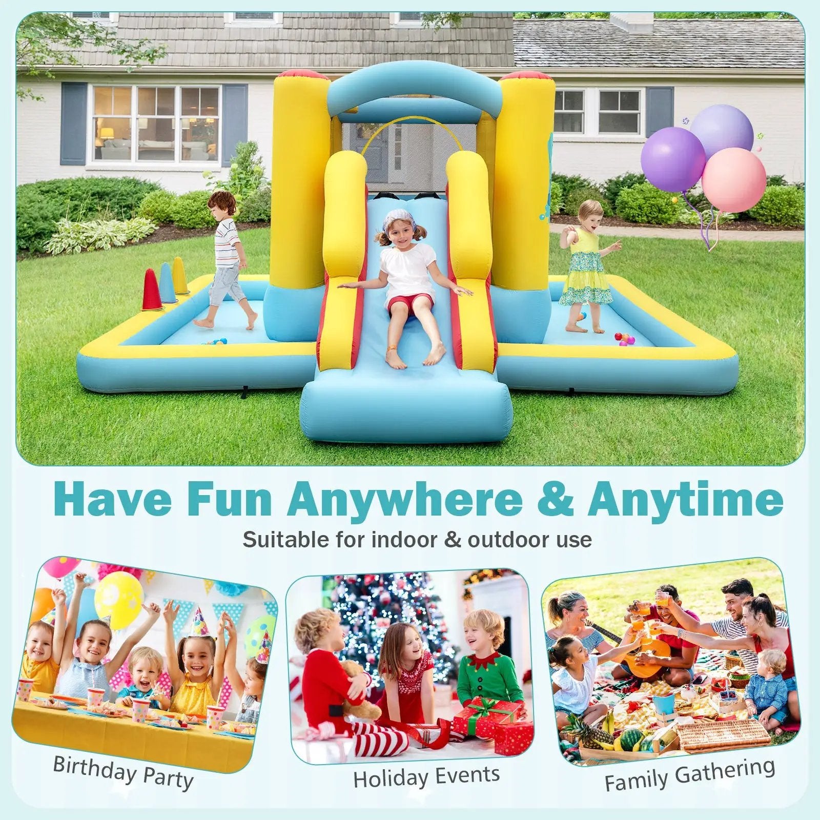Inflatable Bounce House 7-in-1 Bouncy Castle with Slide and Tunnel with 480W Blower by DirectDeals