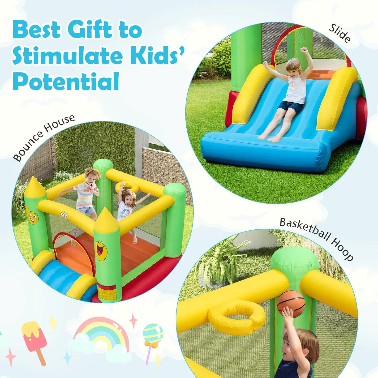 Inflatable Bounce House Kids Blow-up Bouncer with Slide with 480W Blower by DirectDeals