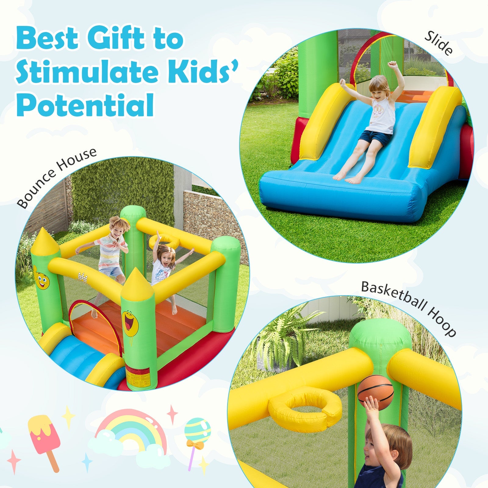 Inflatable Bounce House Kids Blow-up Bouncer with Slide without Blower by DirectDeals