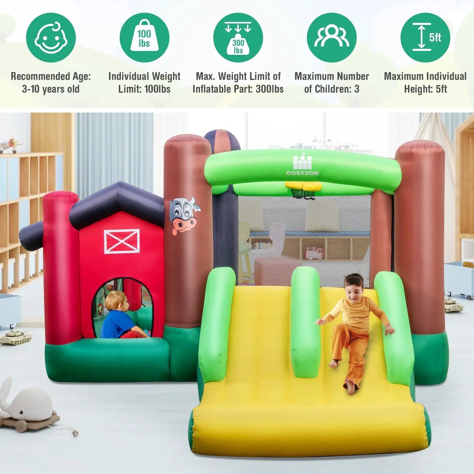 Farm Themed 6-in-1 Inflatable Castle with Trampoline and 735W Blower by DirectDeals