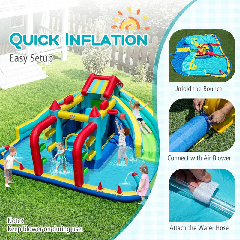 Inflatable Double Water Slide Park with Obstacle Course and 735W Blower by DirectDeals