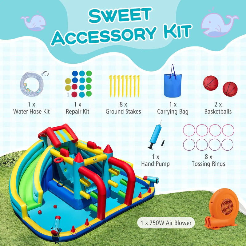 Inflatable Double Water Slide Park with 750W Blower and Obstacle Course by DirectDeals