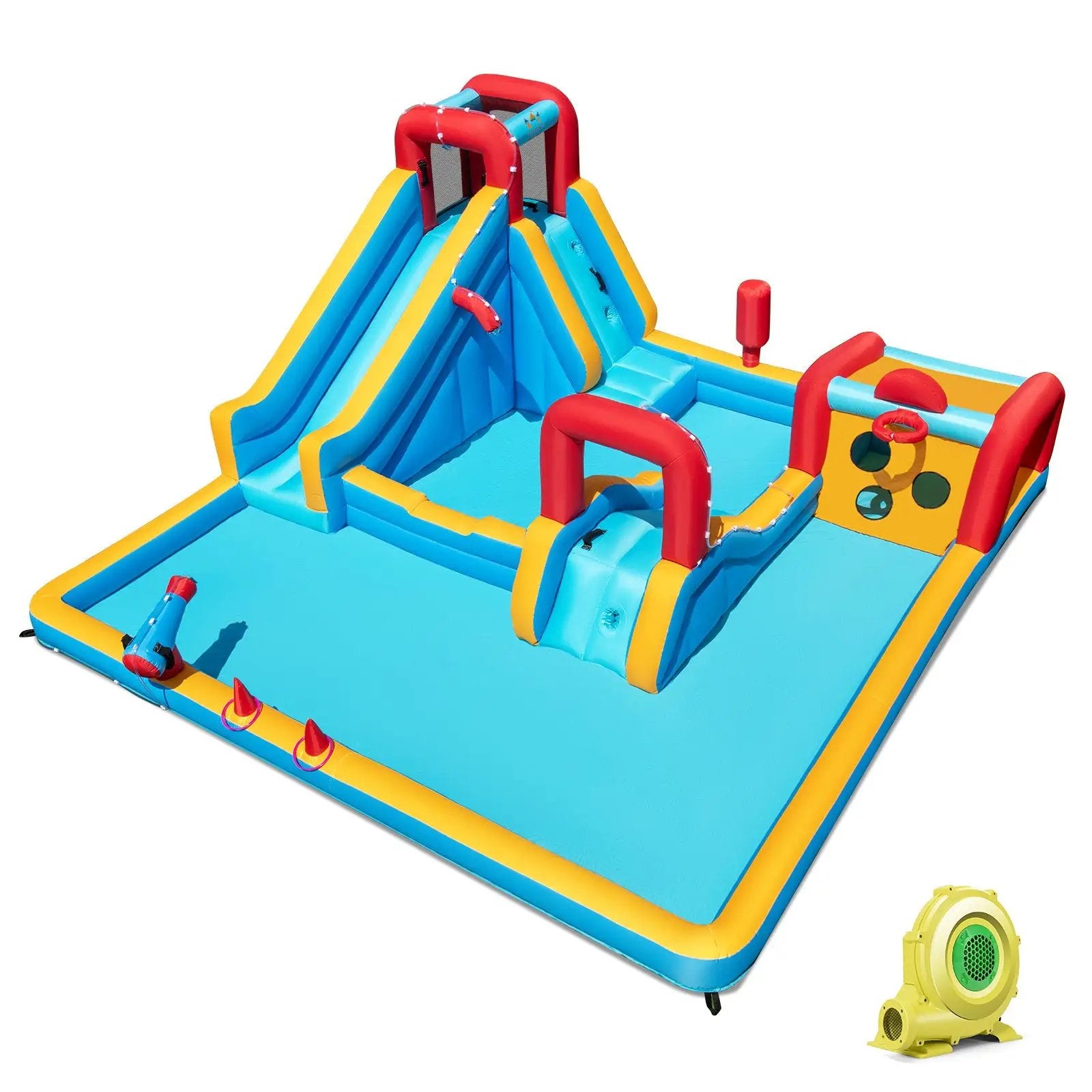 Inflatable Double Water Slide Park 9-in-1 Giant Bounce House 735W Blower Included by DirectDeals