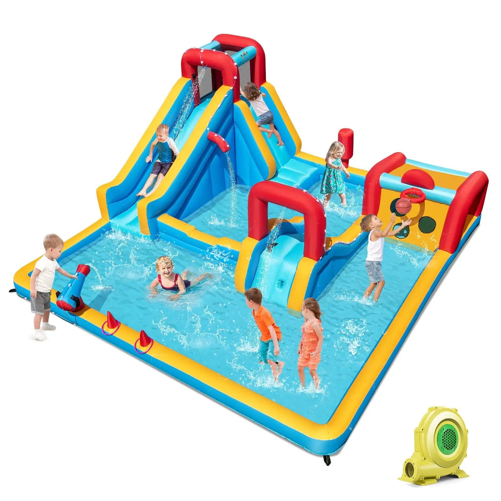 Inflatable Double Water Slide Park 9-in-1 Giant Bounce House 735W Blower Included by DirectDeals