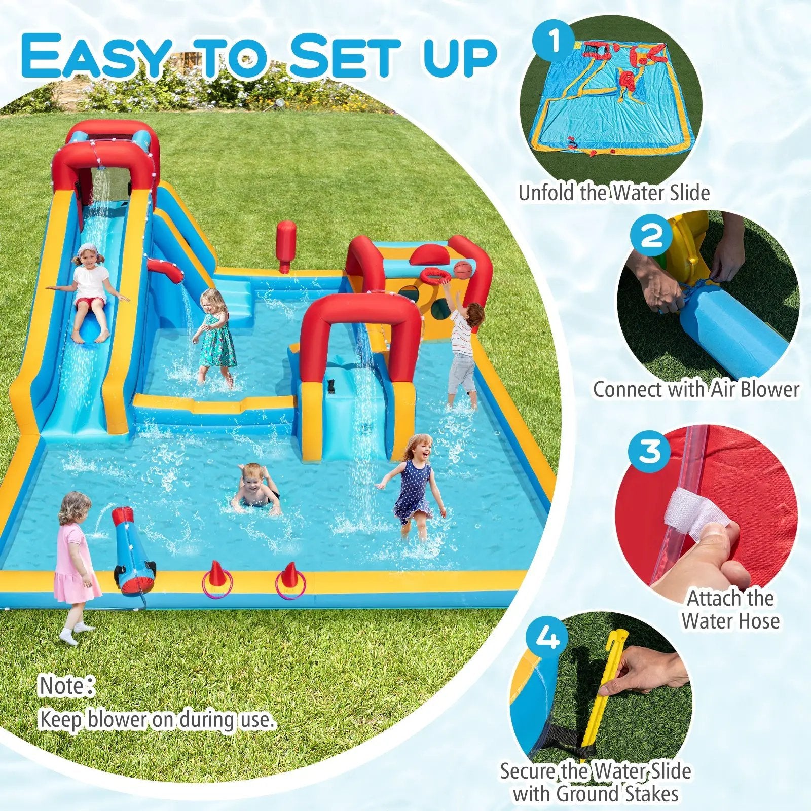 Inflatable Double Water Slide Park 9-in-1 Giant Bounce House 735W Blower Included by DirectDeals