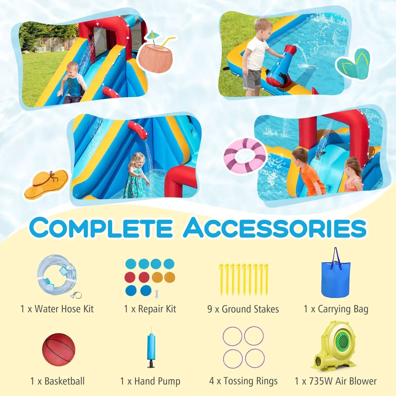 Inflatable Double Water Slide Park 9-in-1 Giant Bounce House 735W Blower Included by DirectDeals