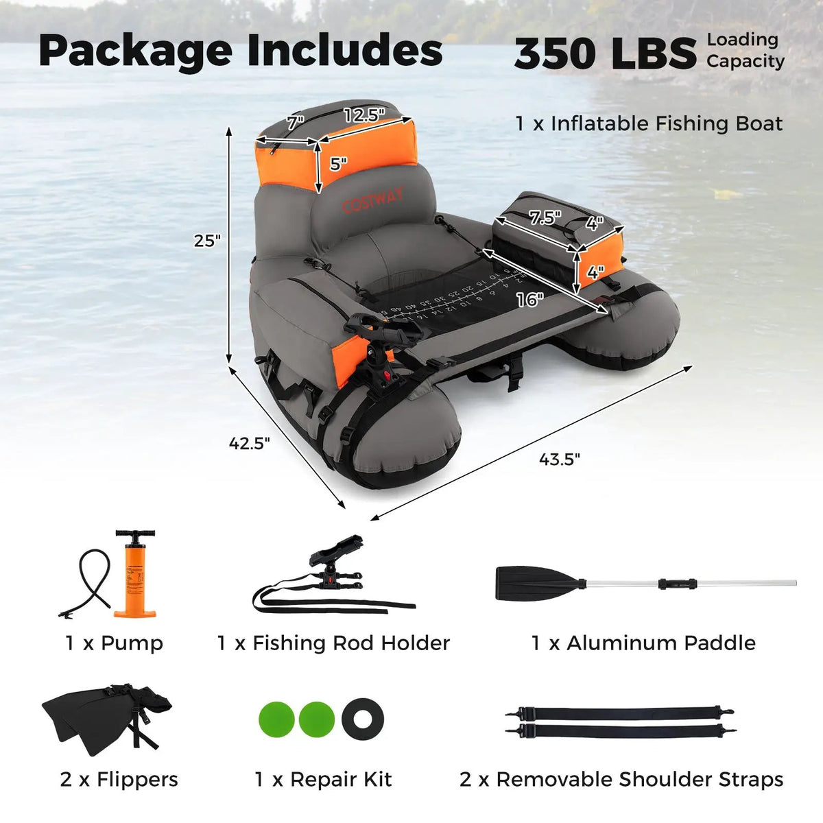 Inflatable Fishing Float Tube with Shoulder Straps and Storage for Angling, photo 8 of 16
