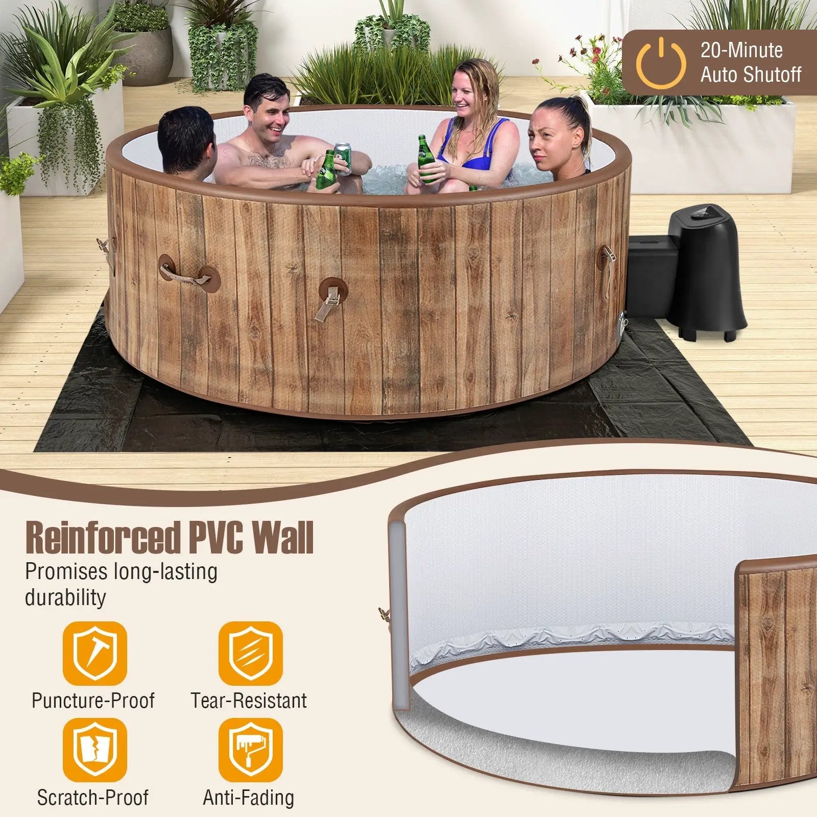 72 Inches Inflatable Hot Tub SPA with 120 Air Jets Electric Heater Pump for 4-6 Person-Coffee by DirectDeals