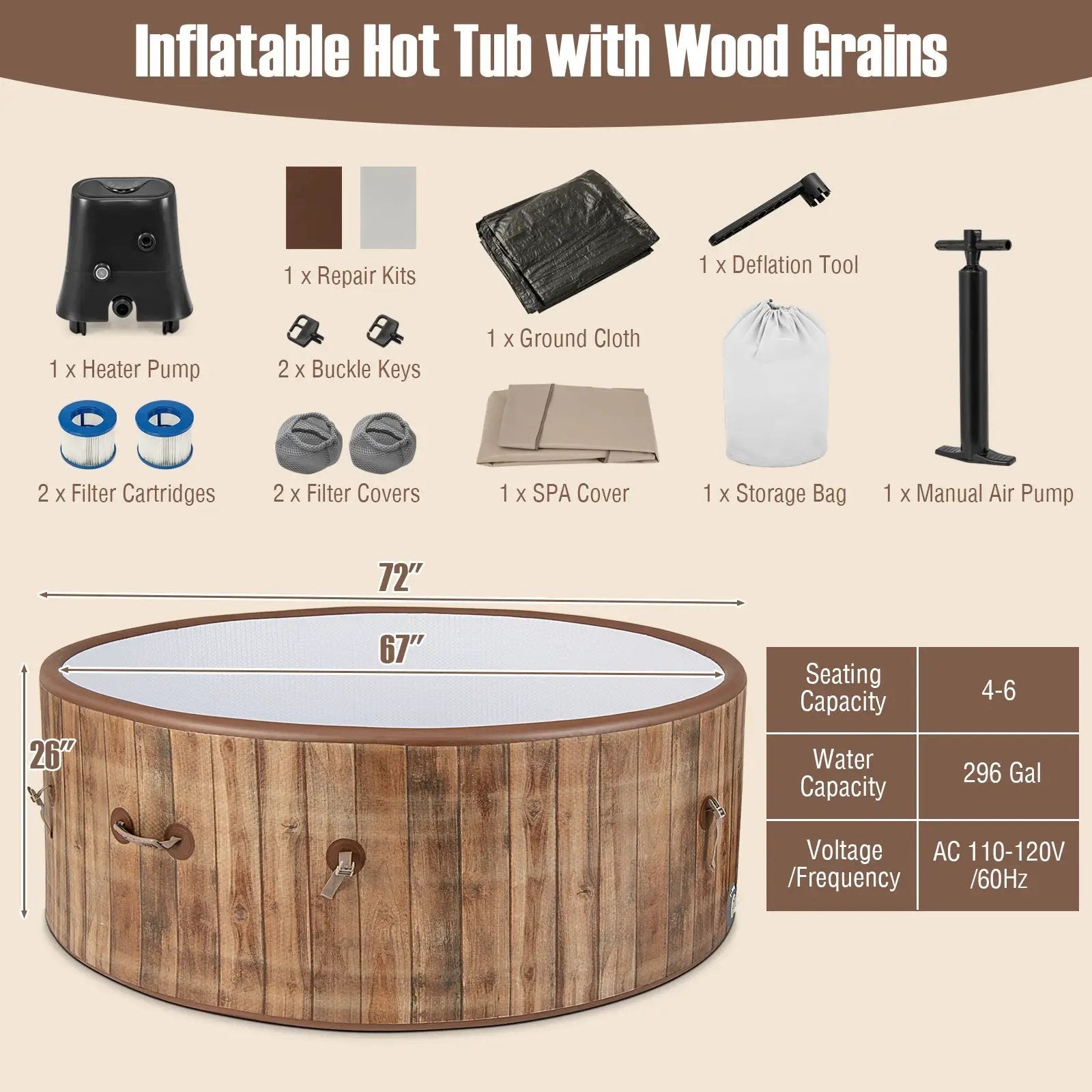 72 Inches Inflatable Hot Tub SPA with 120 Air Jets Electric Heater Pump for 4-6 Person-Coffee by DirectDeals
