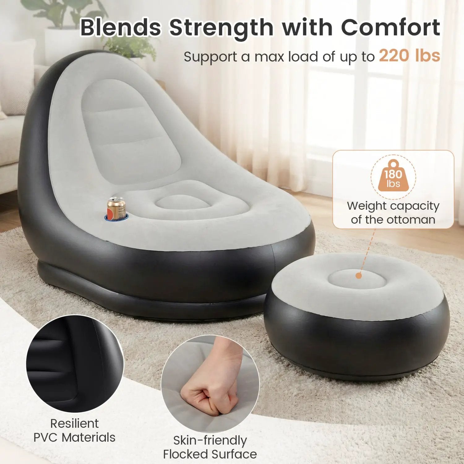 Inflatable Lounge Sofa with Ottoman Portable Air Sofa for Adults with Flocked Surface-Grey by DirectDeals