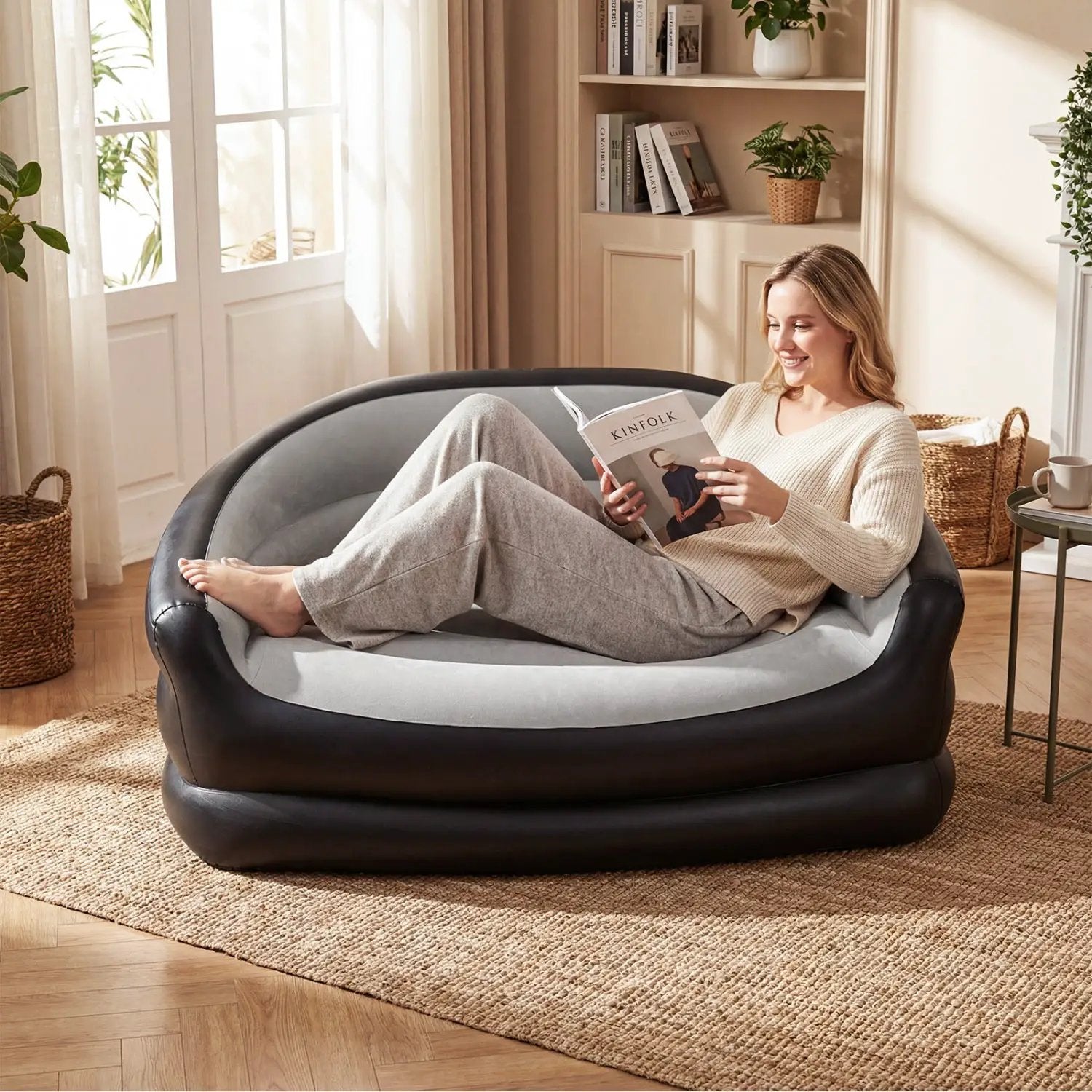 Inflatable Loveseat Couch Portable and Foldable 2-Seater Air Sofa for Adults with Flocked Surface-Grey by DirectDeals