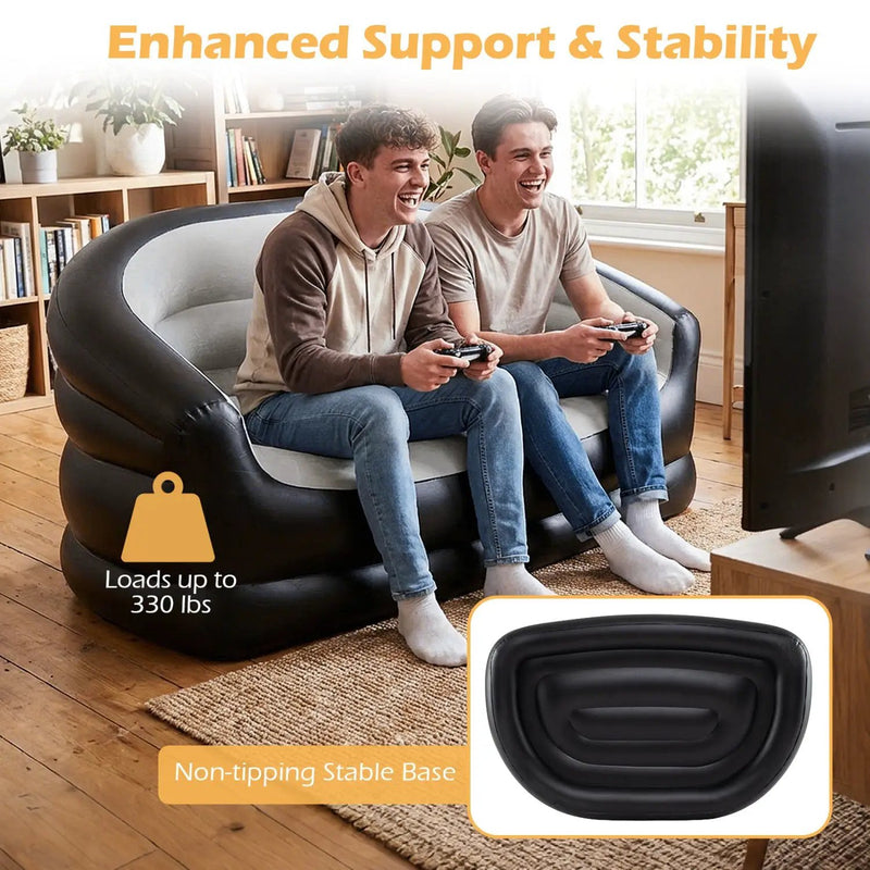 Inflatable Loveseat Couch Portable and Foldable 2-Seater Air Sofa for Adults with Flocked Surface-Grey by DirectDeals
