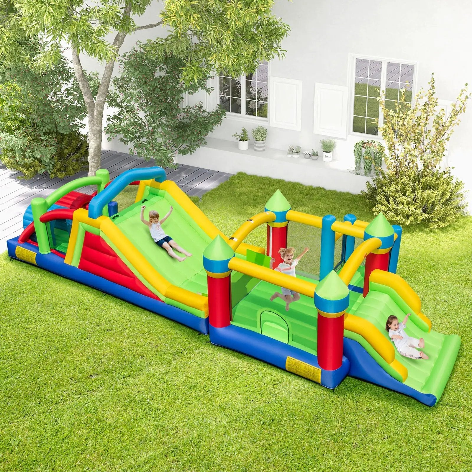 Inflatable Obstacle Course Bounce House with Dual Slides with 2 680W Blower by DirectDeals